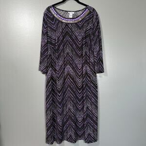 Catherines Purple & Black Chevron Beaded Neck Midi Dress - 1X - Womens Plus Size